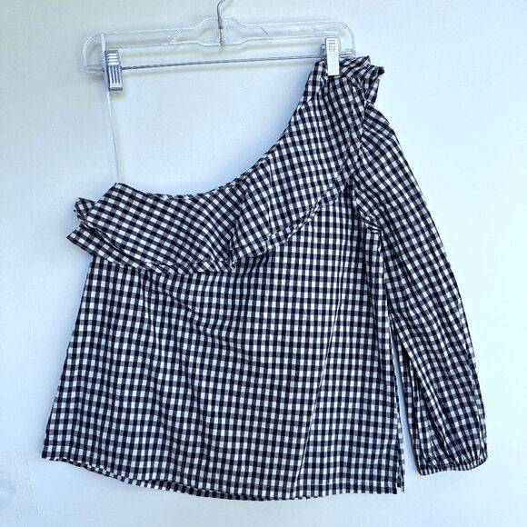 J Crew Blue & White Gingham One Sleeve Asymmetric Ruffle - SZ 4 - Picture 11 of 12